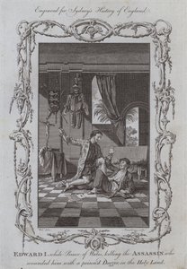Edward I, kun Walesin prinssi tappoi salamurhaajan, joka haavoitti häntä myrkytetyllä tikarilla, Pyhässä maassa (kaiverrus) tekijältä Samuel (after) Wale