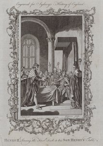 Henry II tarjoilee ensimmäisen annoksen pojalleen Henryn pöytään (kaiverrus) tekijältä Samuel (after) Wale