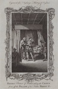 Henry Prince of Wales ottaa kruunun isänsä Henry IV:n tyynyltä (kaiverrus)