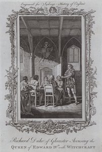 Richard Gloucesterin herttua syyttää Edward IV:n kuningatarta noituudella (kaiverrus) tekijältä Samuel (after) Wale