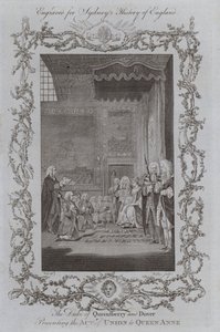 Queensberryn ja Doverin herttua esittelee liittämisasiakirjan kuningatar Annelle (kaiverrus) tekijältä Samuel (after) Wale