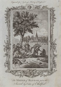 Ethelfridin ritarikunnan miekalle asettamat Bangorin munkit (kaiverrus) tekijältä Samuel (after) Wale