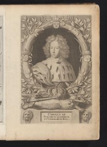 Karel XII van Zwedenin muotokuva Kaarle XII, Ruotsin goottien ja vandaalien kuningas (otsikko esineessä) Ruotsi Ancient and Modern (sarjan nimi) tekijältä Samuel Blesendorf