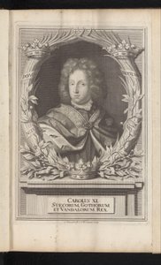 Portret van Karel XI van Zweden Kaarle XI, Ruotsin goottien ja vandaalien kuningas (otsikko esineessä) Ruotsi Ancient and Modern (sarjan nimi) tekijältä Samuel Blesendorf