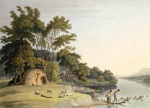Korah Hottentot -kylä Orange-joen vasemmalla rannalla, levy 1 Afrikan maisemista ja eläimistä, taiteilijan kaivertama, 1804 (akvatinta)