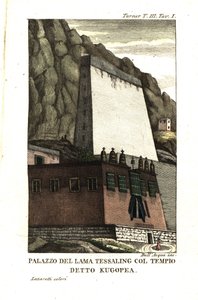Tessaling Laman asunto Kugopea-nimisen uskonnollisen rakennuksen kanssa. Luutnantti Samuel Davisin kuvitus Kapteeni Samuel Turnerilta (1759-1802) Kertomus suurlähetystöstä Teshoo Laman hovissa Tiibetissä 1800. Dell