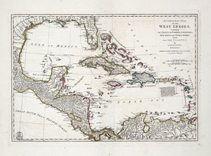 Länsi-Intian täydellinen kartta, joka sisältää Floridan, Louisianan, Uuden Espanjan ja Terra Firman rannikot kaikkine saarineen. tekijältä Samuel Dunn