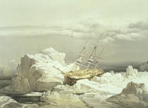 H.M.S.:n kriittinen asema Tutkija Baring Islandin pohjoisrannikolla, 20. elokuuta 1851, kaivertanut William Simpson, julkaissut Ackermann und Co., 1854 tekijältä Samuel Gurney Cresswell
