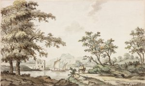 Joki purjeveneiden ja hevosen ja kärryjen kanssa (muste (musta) ja akvarelli paperilla) tekijältä Samuel Henry Alken