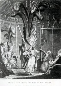 Vihje naisille pitää huolta päistään, julkaisija Sayer und Bennett (1774-1786), 1776 (mezzotint) tekijältä Samuel Hieronymous Grimm