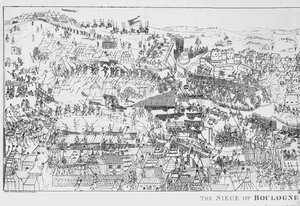 Kuningas Henrik VIII:n (1491-1547) Boulognen piiritys vuonna 1544, kaiverrettu James Basire, 1788 (ks. myös 106603).