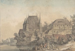 Näkymä kylästä joen varrella, 1766.