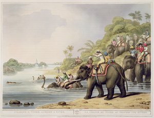 Jahtaa tiikeria joen poikki, Oriental Field Sportsin pubista. kirjoittanut Edward Orme, 1807 (painettu)
