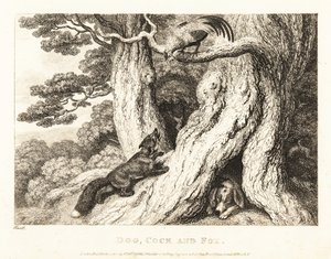 Kuko puussa pettää ketun, kun taas koira nukkuu. 1811 (etsaus) tekijältä Samuel Howitt