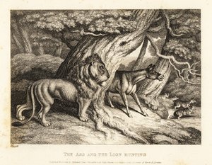 Aasi huutaa äänekkäästi saalista metsästäessään leijonan kanssa. 1811 (etsaus)