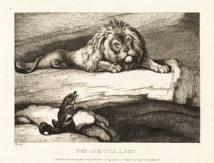 Kettu lähestyy typerästi urosleijonaa luolassaan. 1811 (etsaus) tekijältä Samuel Howitt