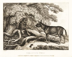 Apina ja aasi valittavat, kunnes myyrä hiljentää heidät. 1811 (etsaus)