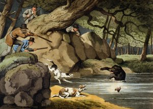 Pohjois-Amerikan karhunmetsästys, kaiverrus Matthew Dubourg, julkaisija Edward Orme, 1813 tekijältä Samuel Howitt