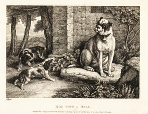 Kaksi spanielia haukkuvaa bulldogia, jonka kauluksessa on kello. 1811 (etsaus) tekijältä Samuel Howitt