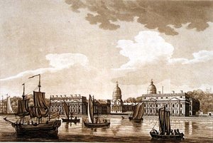 Greenwich Hospital, kuvitus julkaisusta "Picturesque Views of the Thames", pubi. 1799 (etsaus, akvatinta)