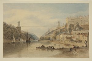 Näkymä Avonille Hotwellsissa: The Proposed Suspension Bridge, n. 1836 (kynä ja akvarelli paperilla) tekijältä Samuel Jackson