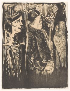 Fantasia: vasemmalla kaksi hahmoa ja oikealla hatut, oikealla naarmuuntunut ulkonäkö höyhenpeitteellä tekijältä Samuel Jessurun de Mesquita (signed by artist)