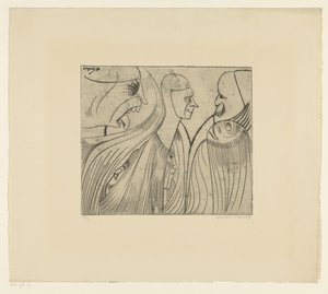 Ryhmä hahmoja ja kasvot kieli ulos tekijältä Samuel Jessurun de Mesquita (signed by artist)