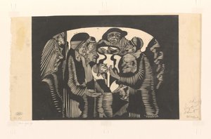 Ryhmä hahmoja kaaressa Visionäärinen mielikuvitus: joukko kaaren muotoisia hahmoja, ylhäällä keskellä edessä mies hattu tekijältä Samuel Jessurun de Mesquita (signed by artist)