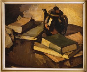 Asetelma teekannulla ja kirjoja pöydällä, n. 1926 tekijältä Samuel John Peploe