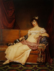 Lady Waterhouse istuu sohvalla spanielinsa kanssa (akvarelli paperille)