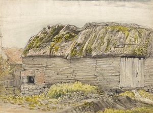 A Barn with a Mossy Roof, Shoreham (akvarelli, ruskea pesu, muste, guassi ja lyijykynä paperille). tekijältä Samuel Palmer