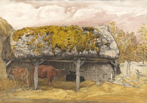 Lehmänmökki sammaloituneella katolla, noin 1829 (tussi ja tussi, vesiväri ja guassi paperille). tekijältä Samuel Palmer