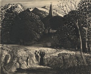 Cornfield and Church by Moonlight (sivellin ja musta muste paperille) tekijältä Samuel Palmer