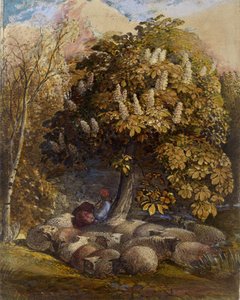 Pastoraali hevoskastanjapuulla, n. 1830-1831 (akvarelli ja vartaloväri) tekijältä Samuel Palmer