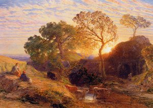 Auringonlasku, n. 1861 (w/c, grafiitti, b/c ja kumi kortilla) tekijältä Samuel Palmer