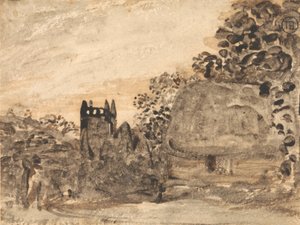 Olkikattoinen mökki ja kirkko tekijältä Samuel Palmer