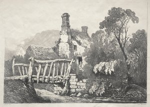 Sarja muinaisia rakennuksia ja maaseutumökkejä Pohjois-Englannissa: Near Byland, 1821. tekijältä Samuel Prout