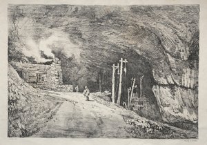 Sarja muinaisia rakennuksia ja maaseutumökkejä Pohjois-Englannissa: Peak Cavern, 1821. tekijältä Samuel Prout