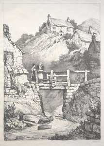 Sarja muinaisia rakennuksia ja maaseutumökkejä Pohjois-Englannissa: Runswick, 1821. tekijältä Samuel Prout