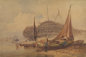 Rannikkomaisema ja rantaveneet etualalla, 1800-luvun alkupuoli. tekijältä Samuel Prout