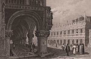 Dogen palatsin (Palazzo Ducale) pelihallin lyhennys näköalalla Pyhän Markuksen aukiolle ja kirjastopalatsille, Venetsia, Veneto, Italia, teräskaiverrus Samuel Proutin (1783-1852) piirustuksen mukaan, noin 15x11,5 cm tekijältä Samuel Prout