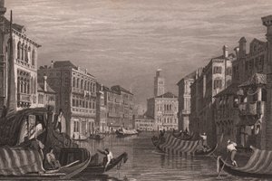 Gondolit Grand Canalilla (Canal Grande), Venetsia, Veneto, Italia, teräskaiverrus Samuel Proutin (1783-1852) piirtämänä, noin 15x11,5 cm tekijältä Samuel Prout