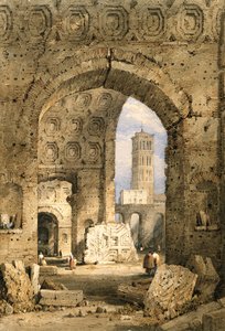Rauhantemppeli, Forum Romanum (akvarelli ja guassi luonnonvalkoiselle paperille) tekijältä Samuel Prout