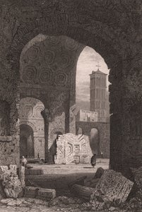Rauhantemppeli tai Vespasianuksen foorumi, Rooma, Lazio, Italia, teräskaiverrus Samuel Proutin (1783-1852) piirroksesta, n. 15x115 cm tekijältä Samuel Prout