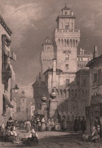 Näkymä Castello Estenseen, Ferrara, Emilia-Romagna, Italia, John Godfreyn (n. 1817-1889) teräskaiverrus Samuel Proutin (1783-1852) piirustuksen mukaan, n. 26x17 cm, julkaisija Blackie and Son. tekijältä Samuel Prout
