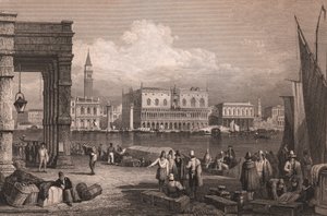 Näkymä Pyhän Markuksen altaalle Venetsiassa, Venetossa, Italiassa, teräskaiverrus Samuel Proutin (1783-1852) piirtämänä, noin 15x11,5 cm tekijältä Samuel Prout