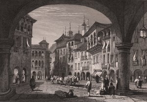 Näkymä torille Domodossolassa, Piemontessa, Italiassa, teräskaiverrus Samuel Proutin (1783-1852) piirroksesta, n. 16x11 cm tekijältä Samuel Prout