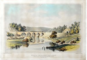 North Midlandin rautatiesilta Derwent-joen ja Matlock Roadin yli lähellä Amber Gatea. 1840 (käsinvärjätty litografia paperille) tekijältä Samuel Russell
