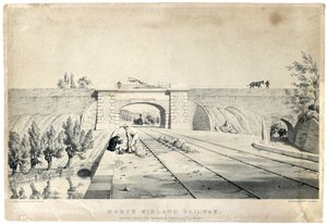 North Midland Railway Bridge Cromford Canalin alla Bull Bridgessä c1840 (sävytetty litografia paperilla) tekijältä Samuel Russell