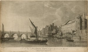 Näkymä Westminster Bridgestä vierekkäisine osineen kuten vuonna 1760 tekijältä Samuel Scott